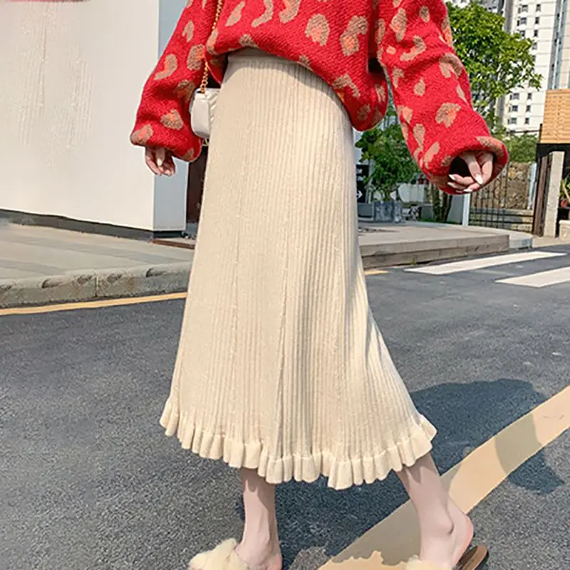 Women Skirt A word skirt Knit Bag Hip Skirt Elastic High Waist Skirt Long Section Pleated Skirt Autumn Female