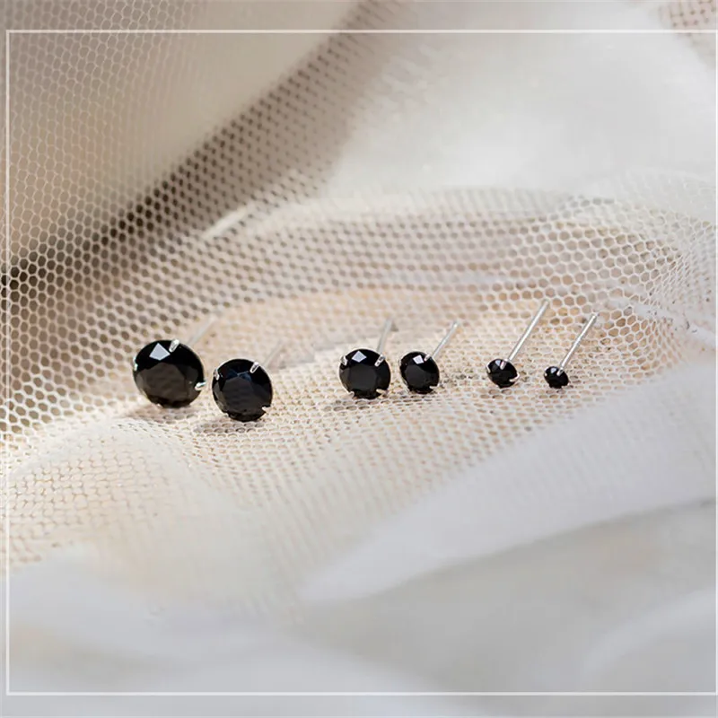 Мужские и женские круглые серьги с черным камнем, 925 пробы, серебряные, маленькие циркониевые свадебные серьги-гвоздики для мужчин и женщин, ювелирные изделия с фианитами