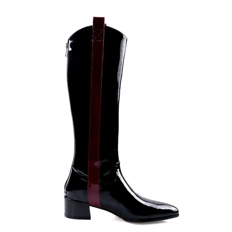 Odetina Women Fashion Pointed Toe Mixed Colors Knee High Boots Lady Patent Leather Side Zipper Block Mid Heel Winter Long Boots