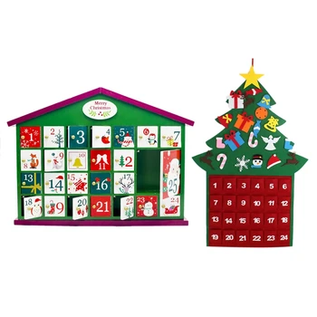 

2 Set Xmas Decorations: 1 Set Christmas Creative Wooden Calendar Decoration Countdown Calendar Box & 1 Set Felt Christmas Tree O