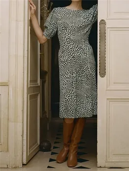

New Leopard Lips Print Women's Midi Dress O-neck Short-sleeved Elegant Holiday Long Dresses For 2020 Spring Summer