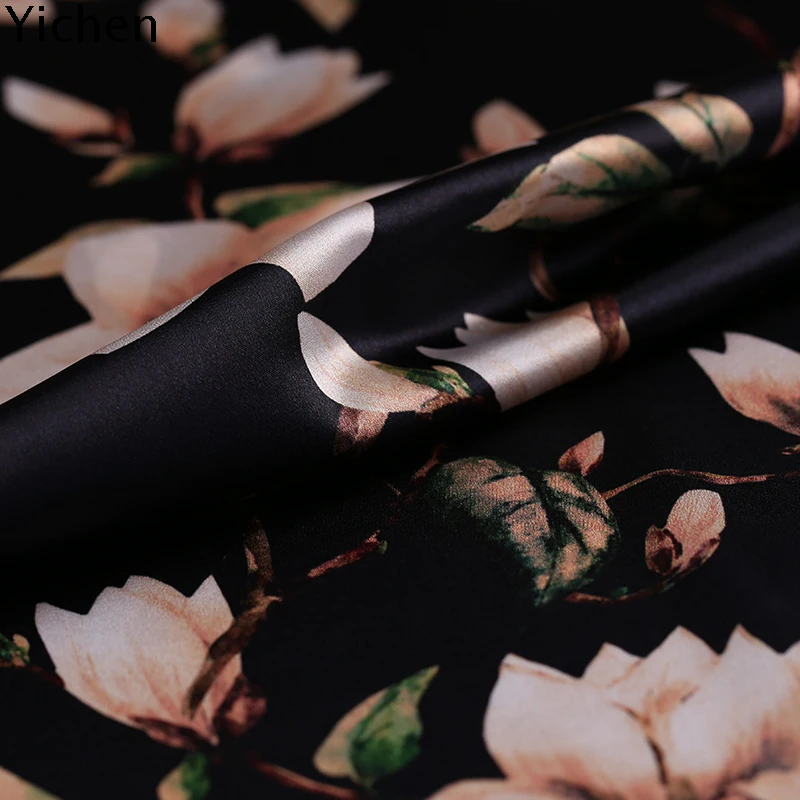 

lily floral print black silk Fabric 93% natural & 7% spandex Real Elastic Satin Cloth Printing Cheongsam Skirt Mulberry