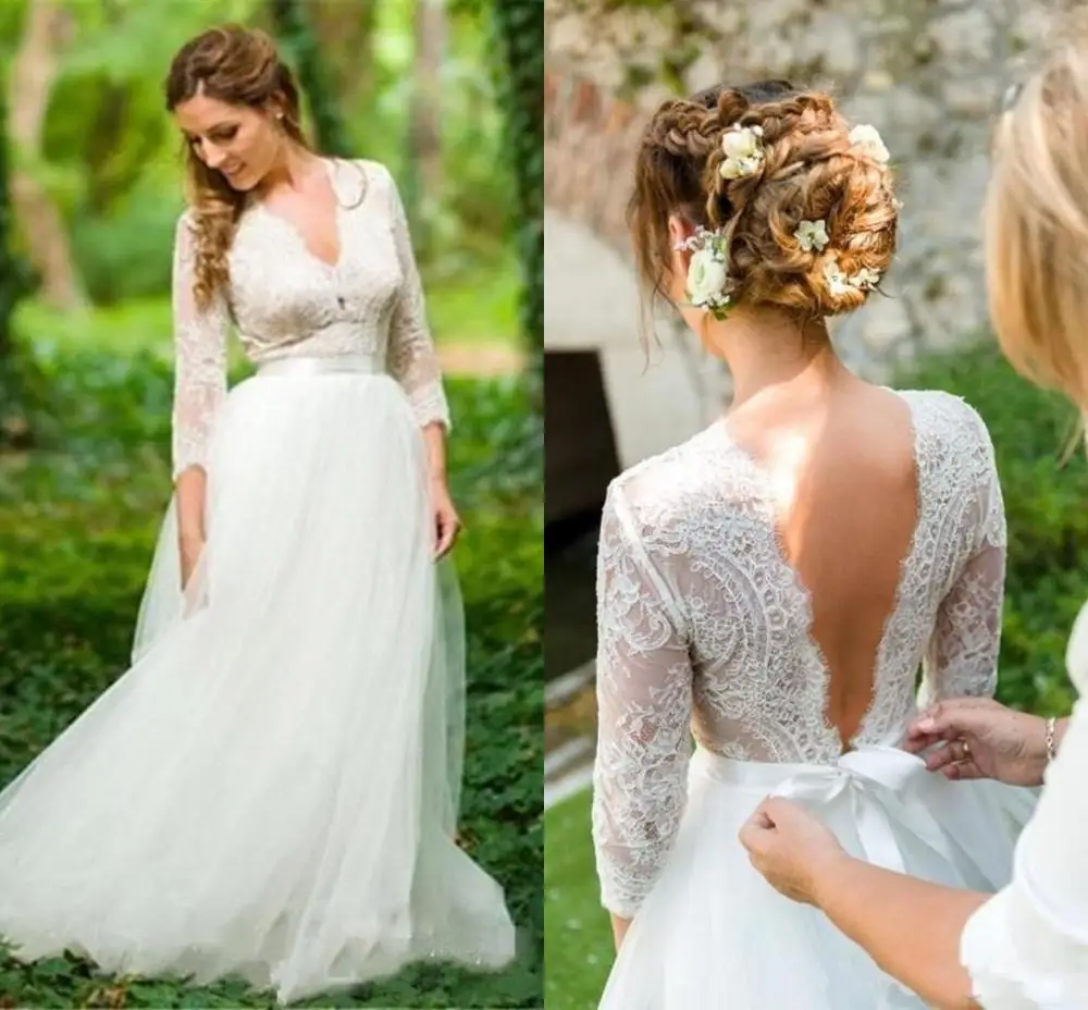 

Vintage Long Sleeve Country Wedding Dresses 2020 V-neck Lace Tulle Low Back Bohemian Holiday Bridal Gowns Robe De Soiree Mariee