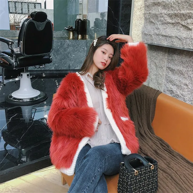 

2019 BF Style Spliced Knitted V neck Shaggy Faux Fur Coat New Winter Korea Clothing Keep Warm Pockets Women Fur Jacket Outwear