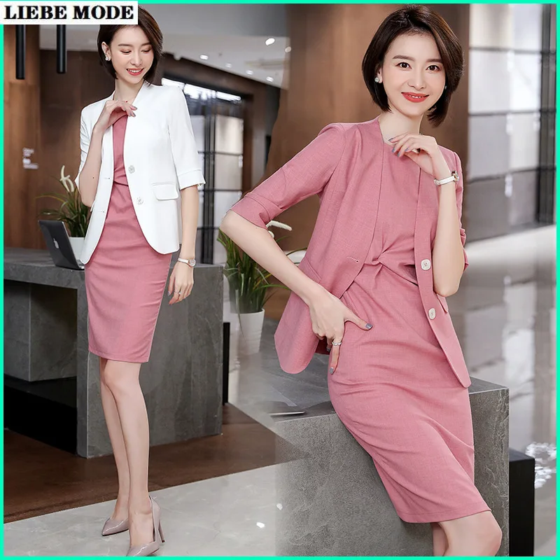 

Женский летний офисный костюм, женский костюм из двух предметов, деловые платья с жакетом, розового и белого цветов