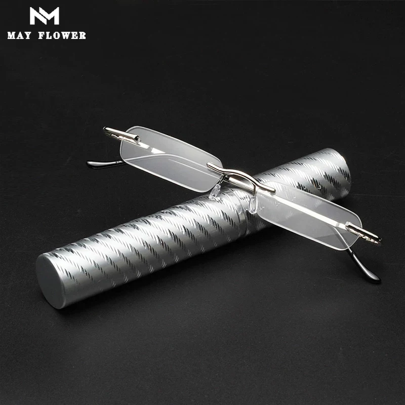 Mai Blume Mini Tragbare Lesebrille Kleine Metall Randlose Presbyopie Brillen Mit Stift Rohr Fall Mini Lesen Brillen + 3,5 + 4
