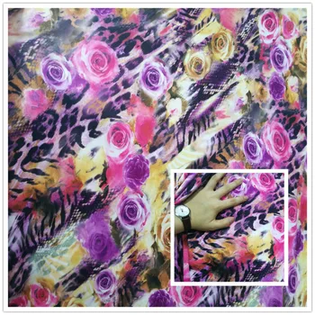 

Elastic milk silk bottom printed Floral Rose and leopard cloth fabric for sewing dress DIY Cloth Materials 1Meter