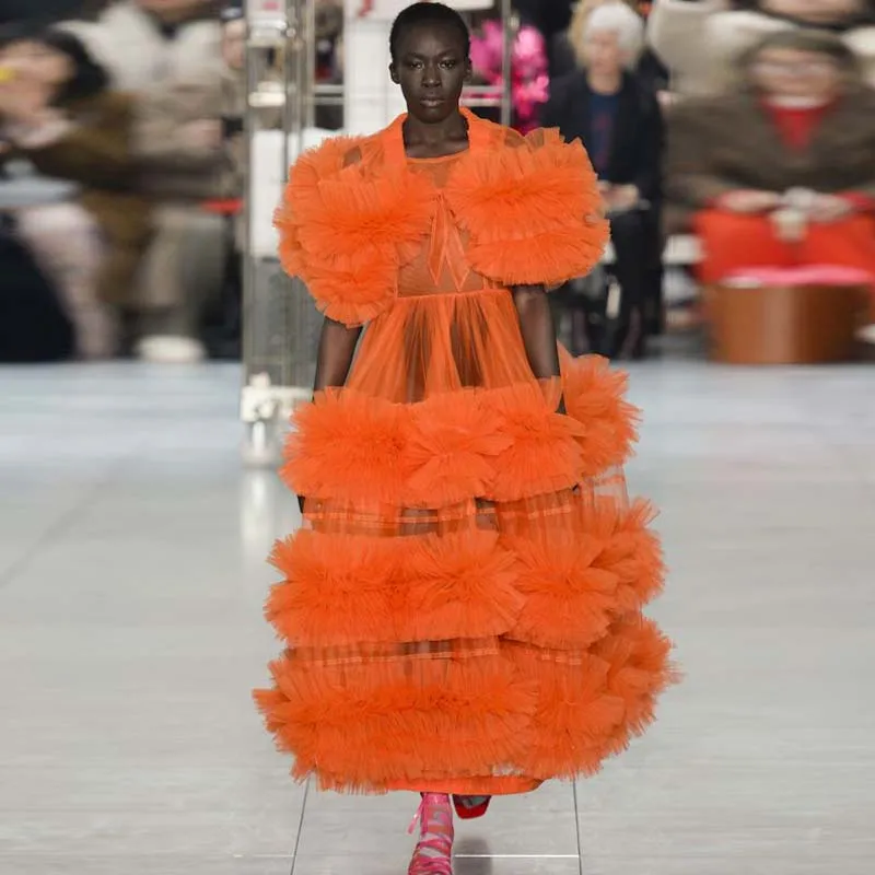 Эффектное макси платье в неоновый оранжевый тюль со сборками прозрачное выпускное вечернее платье халат de soiree шикарное пышное платье для женщин - Цвет: Оранжевый