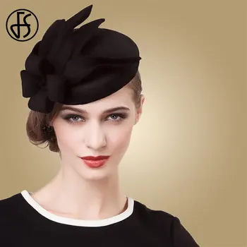 

FS 2020 Spring Winter Wool Hats For Women Fascinator For Wedding Elegant Flower Felt Pillbox Hat Black Gray Chapeau Fedora