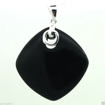 

925 Sterling Silver Jewelry Natural Black jade Rhombus Pendant 35x35MM