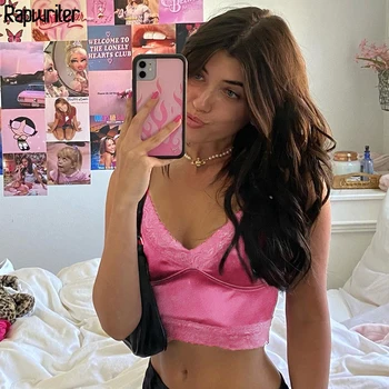 

Vintage 90s Solid Satin Lace Edge Design Cami Crop Top Women Harajuku Aesthetic Clothes Sexy Ladies V Beck Tank Top Rapwriter