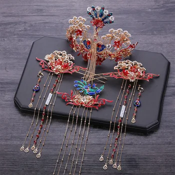 

2019 new bride Chinese-style vintage-style blue headpiece flow-step rocking show dragon phoenix ancient wind accessories