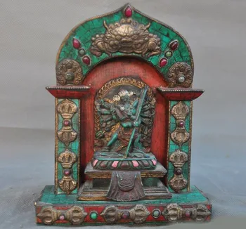 

wedding decoration 7"Tibet wood Inlay bronze turquoise Hevajra Budda Yab-Yum Buddhist niche Shrines