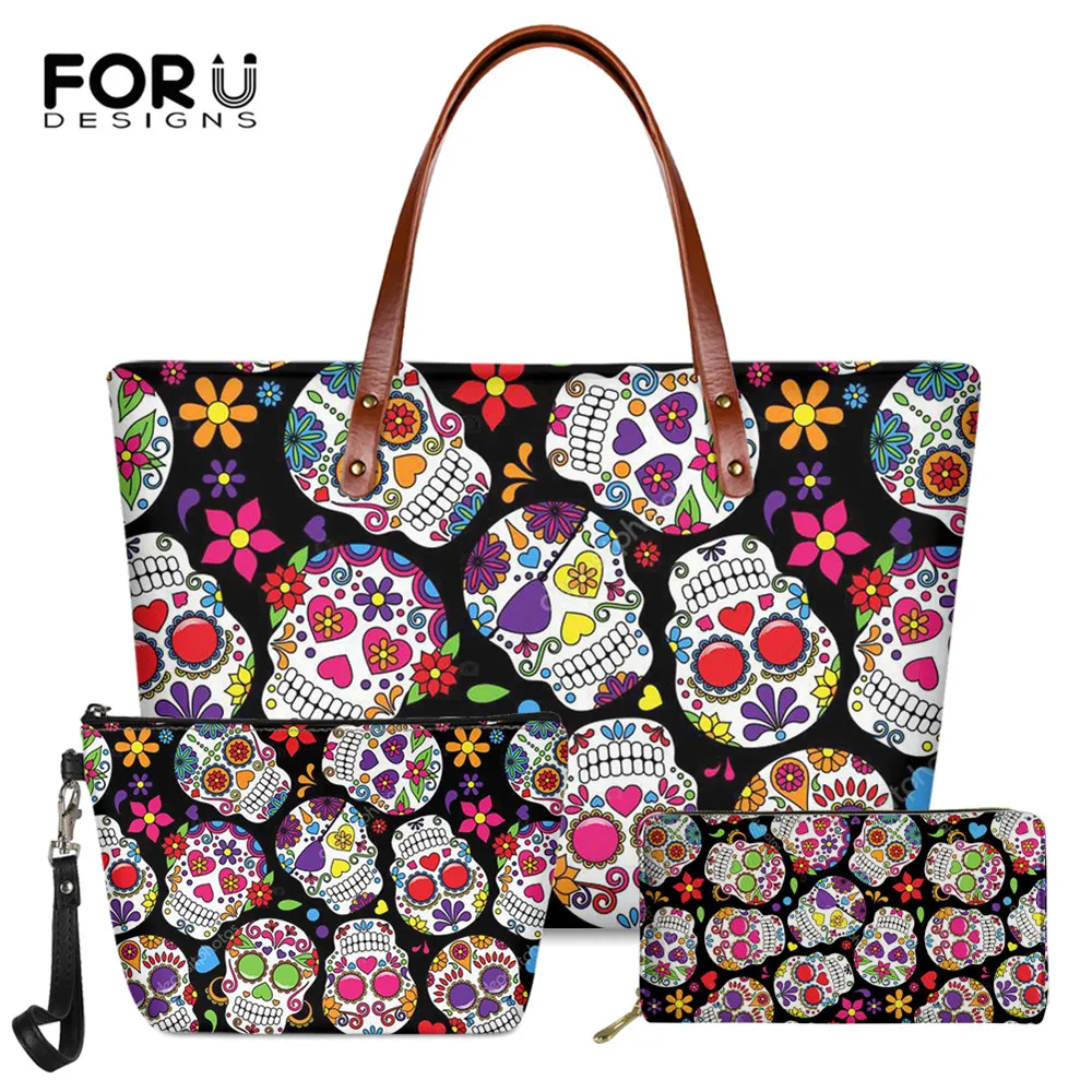 

FORUDESIGNS Sugar Skull Printing Women Fashion Long Wallet Leather Tote Bags Handbags Portable Cosmetic Bags Large Bolsa Femme