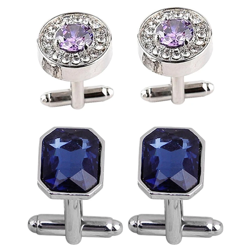 2 Pair Fashion Rhinestone Colorful Glass Cufflinks Womens Mens Dress Business Wedding Gift Present (Blue &amp Purp | Украшения и