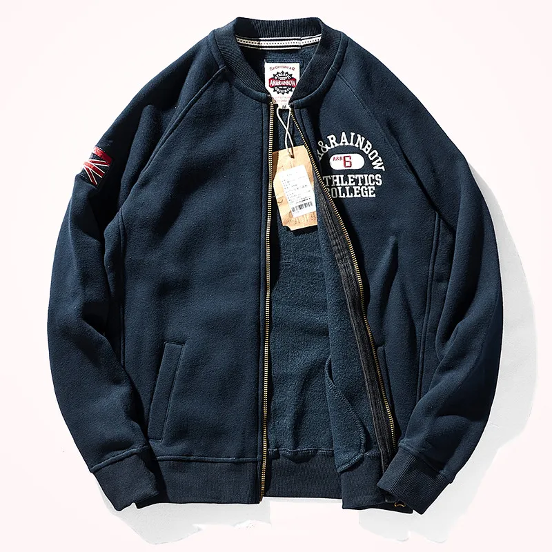 

Autumn and Winter American Baseball Collar Thick Cardigan Hoodies with Velvet Men's Fashion Terry Knitted Sport Casual Jacket