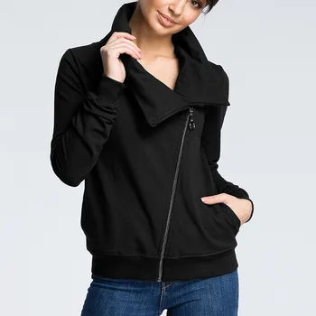 

2019 Autumn and Winter New Diagonal Zipper Irregular Neckline Pleated Women's Protective Clothing Coat Solid Color Zipper Wear