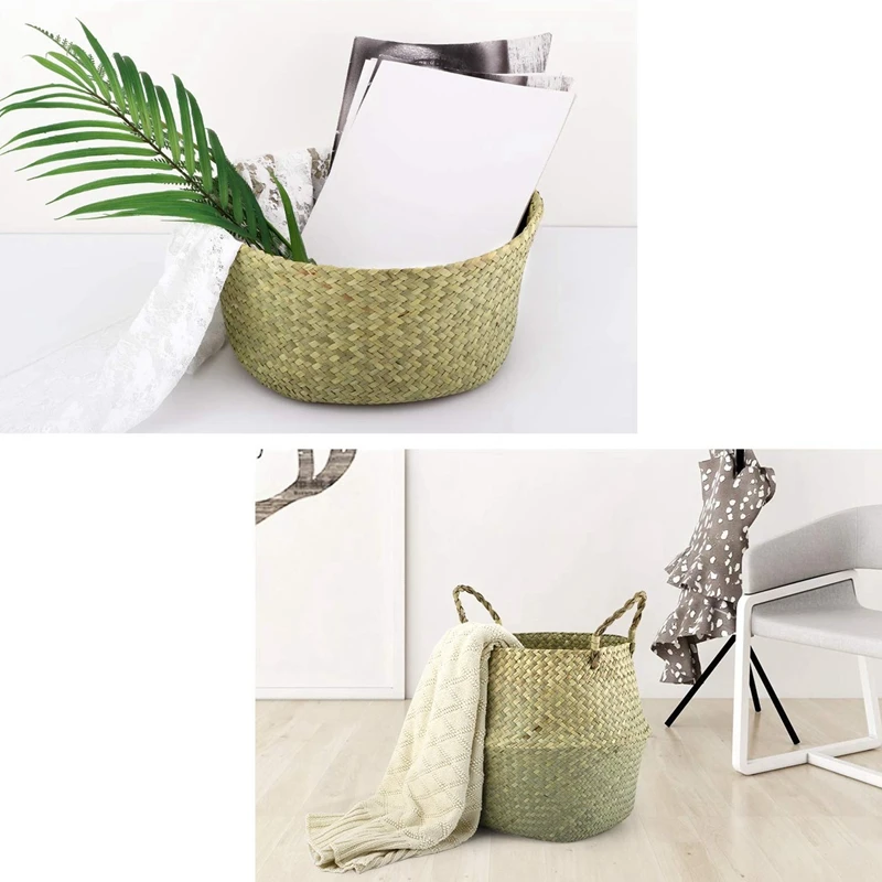 Natural Seagrass Belly Basket, 31Cm Collapsible Handmade Plant Pot Planter Weave Tote Basket with Handle for Storage Laundry H