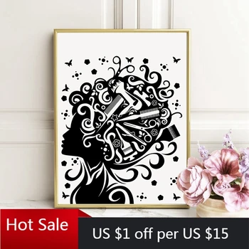 Online Haar Stil Salon Schönheit Poster Schere Kamm Weiblichen Mode Kunstdruck Leinwand Malerei Wand Dekoration Bild Friseur Geschenk