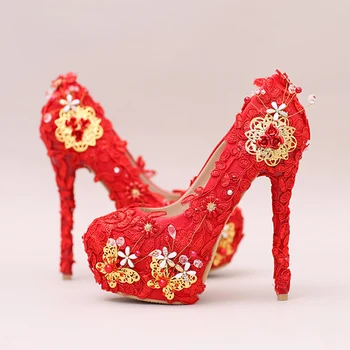 

2019 Fashion Red Lace Super High heels Bride Shoes Butterfly Flower Wedding Dress Shoes Round Toe Platform Party Prom Pumps