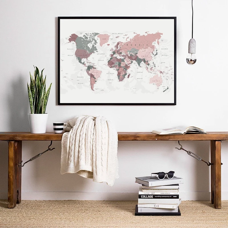 World-Map-Canvas-Print-Blush-Pink-Hunter-Green-Map-of-the-World-Poster-Dorm-Decor-Modern (1)