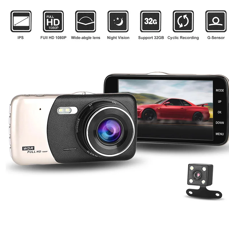 Full HD двойной объектив Автомобильная камера Dash Cam Многоязычная камера ночного видения g-сенсор детектор движения вождение видео рекордер для автомобиля