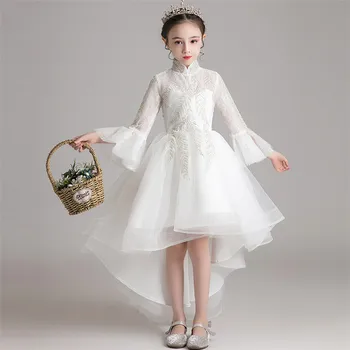 

Children Girls Elegant Standing-Collar Solid White Color Birthday Wedding Party Front Short Back Long Dress Prom Fluffy Clothes