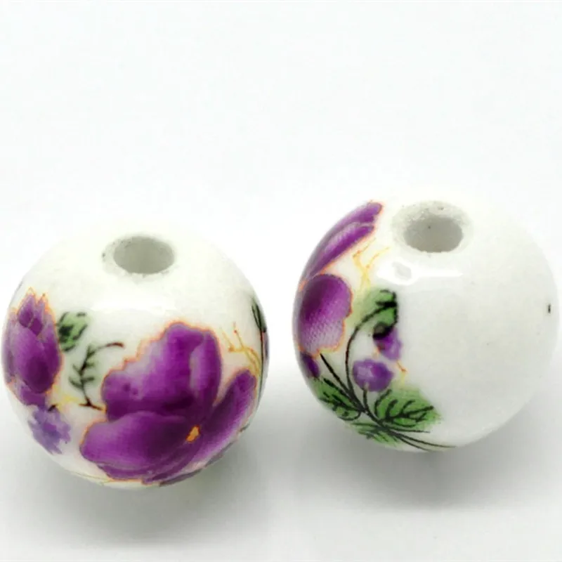 DoreenBeads 12 мм Керамические Бусины круглые белые фиолетовые цветочные узоры