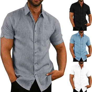 

Men Cotton Linen Short Sleeve Button Down Casual Shirts Tops for Summer -MX8