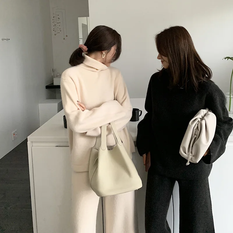 

New Products Knitting Suit Women's Winter Thick High Collar Pullover Sweater High-waisted Casual Knit Loose Pants Two-Piece Set