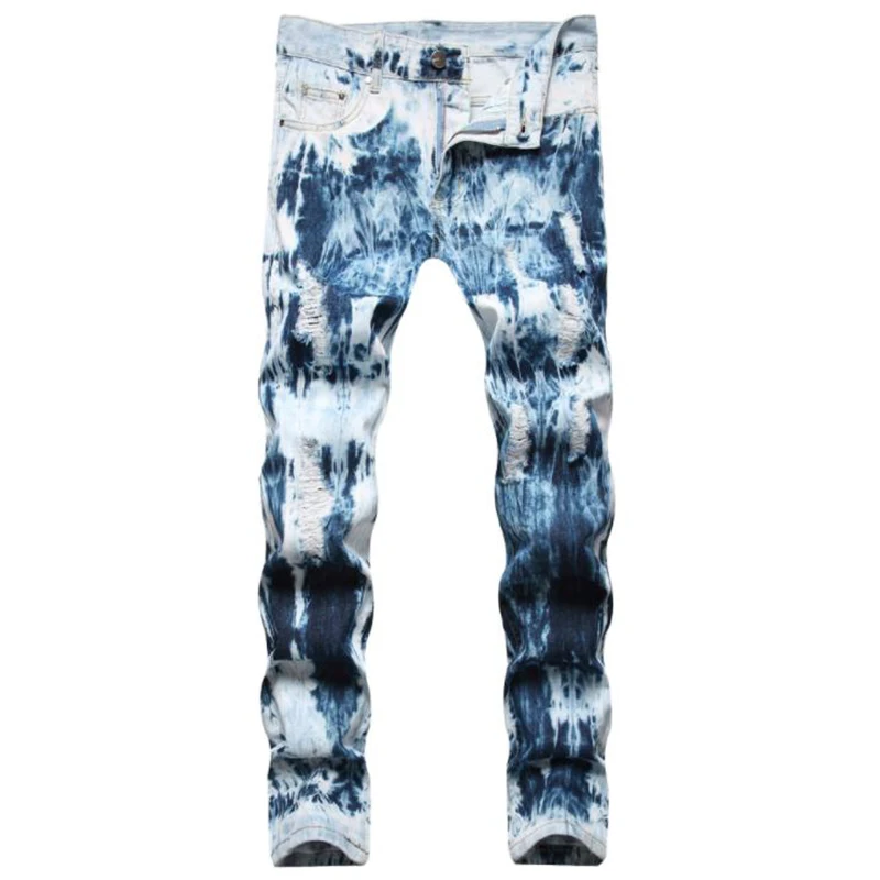 Hot Sale New Mens Ripped Hole Jeans Casual Slim Skinny Tie-dye Ripped Jeans  Men Trousers Male Denim Pants Pantalones Hombre