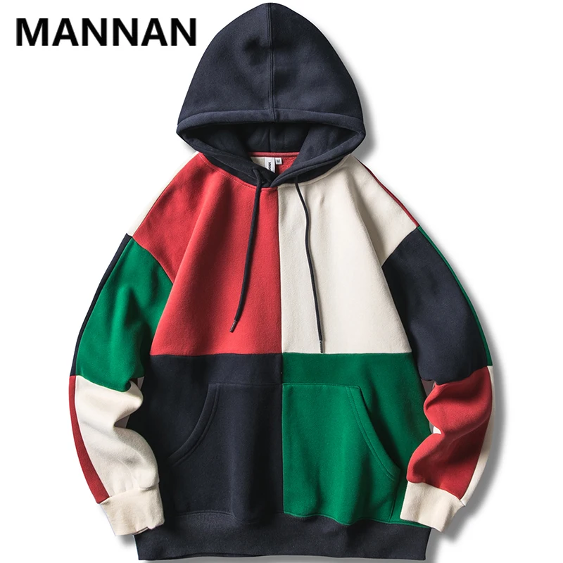 

MANNAN Color Block Patchwork Fleece Hoodies Sweatshirts Harajuku Hip Hop Casual Pullover Hooded Hoodie Streetwear Fashion Tops
