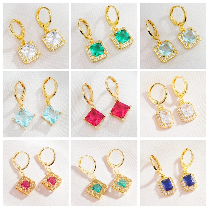 

6 Colors Gold Earrings Geometric Square Cubic Zirconia Crystal Long Earrings for Women Dangle Earrings 2019 New 4 Styles