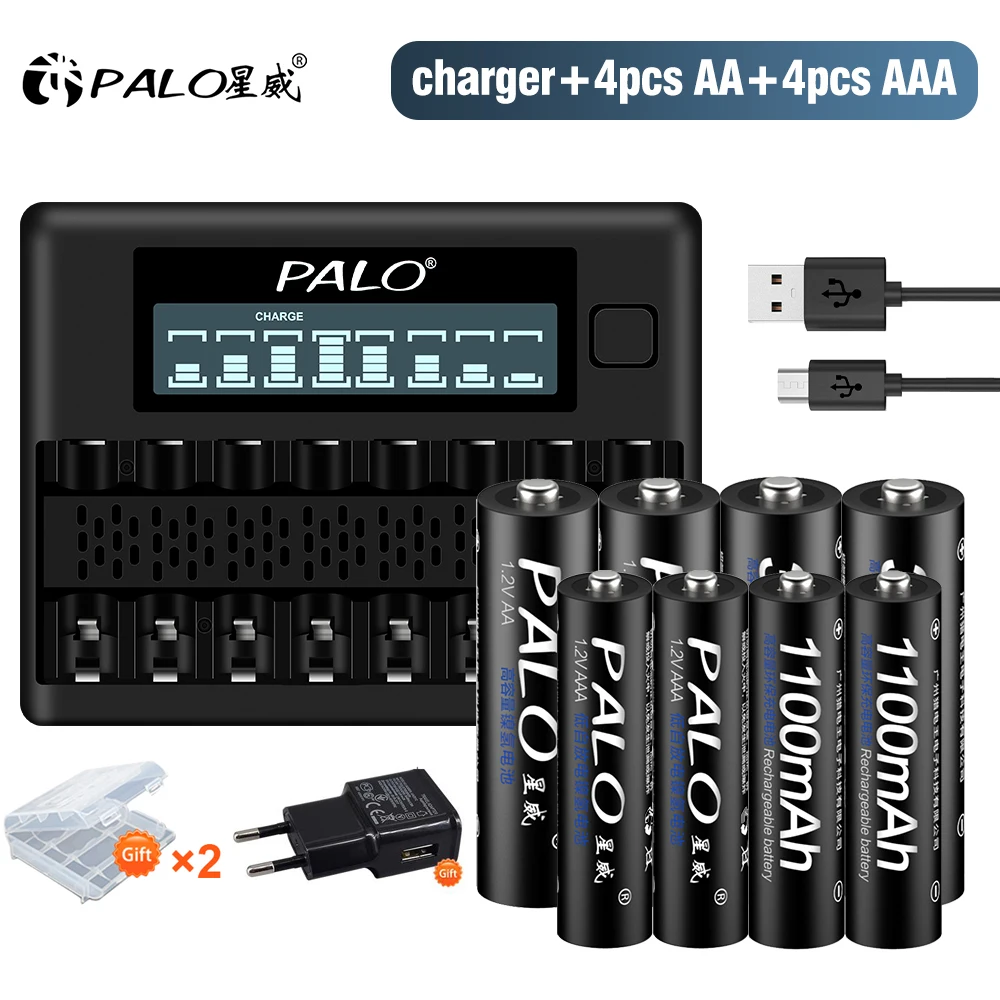 PALO-pilas recargables de 3000mAh, 1,2 V, Ni-MH, AA, 1100mAh, 1,2 V, AAA,  cargador de pilas AA y AAA de 8 ranuras - AliExpress