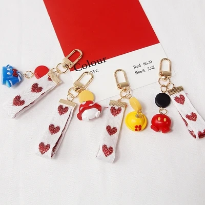 

Heart Fabric Ribbon Keychain Cartoon Mickey Minnie Donald Duck Women Airpods Accessories Key Chains Car Bag Pendent Charm D364