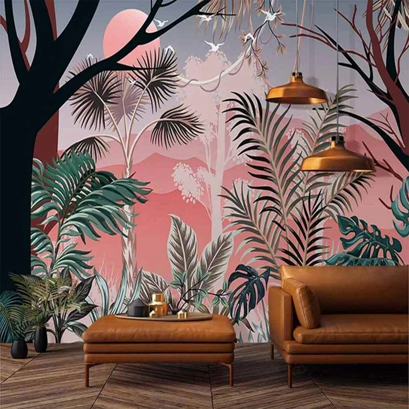 

Custom 3D Murals Hand Painted Retro Rain Forest Plants Leaves Photo Bedroom Living Room Sofa Background Pink Embossed Wallpaper