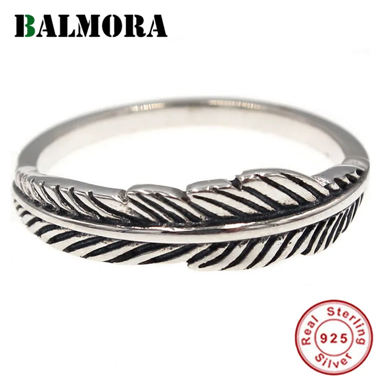 

BALMORA Real 925 Sterling Silver Vintage Feather Stacking Finger Rings for Women Men Couple Gift Simple Punk Fashion Bijoux
