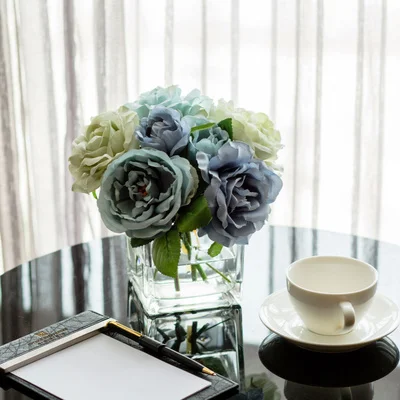 Стеклянная ваза+ набор искусственных цветов, маленькая голова, искусственное розовое стекло, прозрачная ваза для офиса, высокое качество, Шелковый цветок, набор - Цвет: style 11