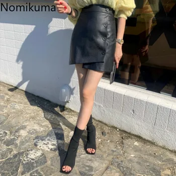 

Nomikuma Autumn Winter New PU Skirt Korean Irregular Buttons Leather Women Skirts Causal High Waist Faldas Mujer Moda 2020 6D149