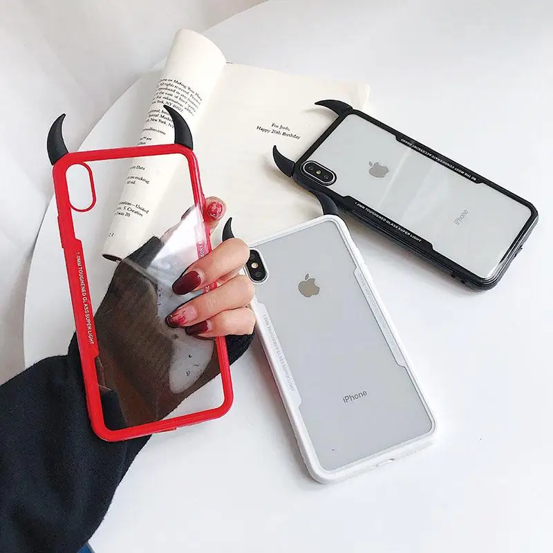 

Cute Devil Horn Acrylic Transparent Soft Graphic Mobile Phone Back Cover Phone Cover iPhone 11 Pro Max X XR XS Max 6 6S 7 8 Plus