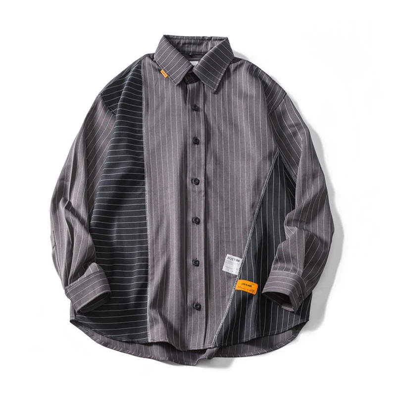 

New Western Stylish Patchwork Striped Tide Men's Long-Sleeve Shirts Hip Hop Autumn Male Line Stage Youth Punk Shirt Streetwear