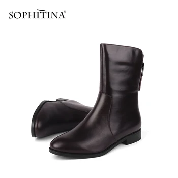 

SOPHITINA Genuine Leather Woman Boots Round Toe Thin Heels Mature Shore Fashion sexy Heeled Short Plush Keep Warm Boots PC210