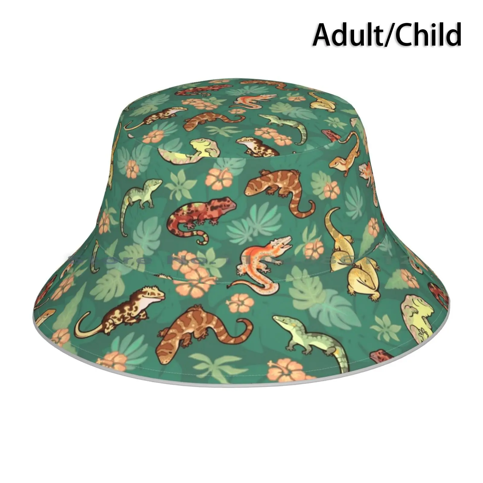 Gecko Family In Green Bucket Hat Sun Cap Geckos Crested Gecko Gargoyle Gecko Leachie Chahoua Pattern Green Pieghevole Outdoor
