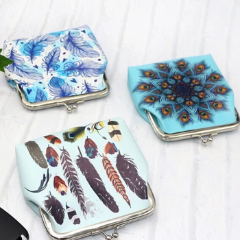 

LKEEP Retro Feather Printed Hasp Closure Coin Purse Women Faux Leather Card Holder Key Bags