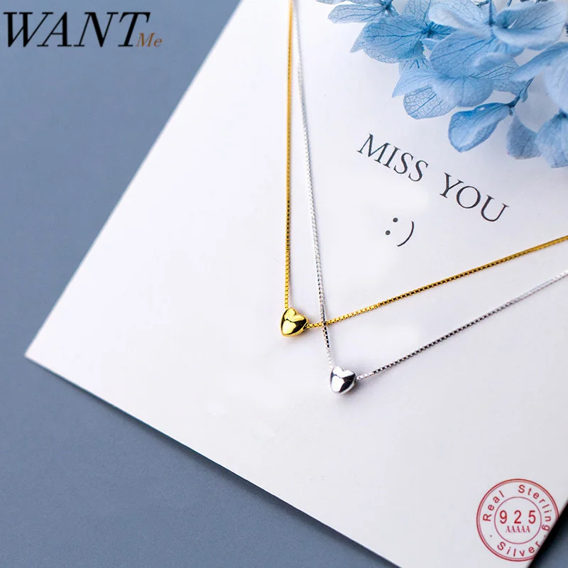 WANTME Real 100% 925 Sterling Silver Minimalist Glossy Mini Love Heart Pendant Necklace for Women Office Party Jewelry Teen Gift