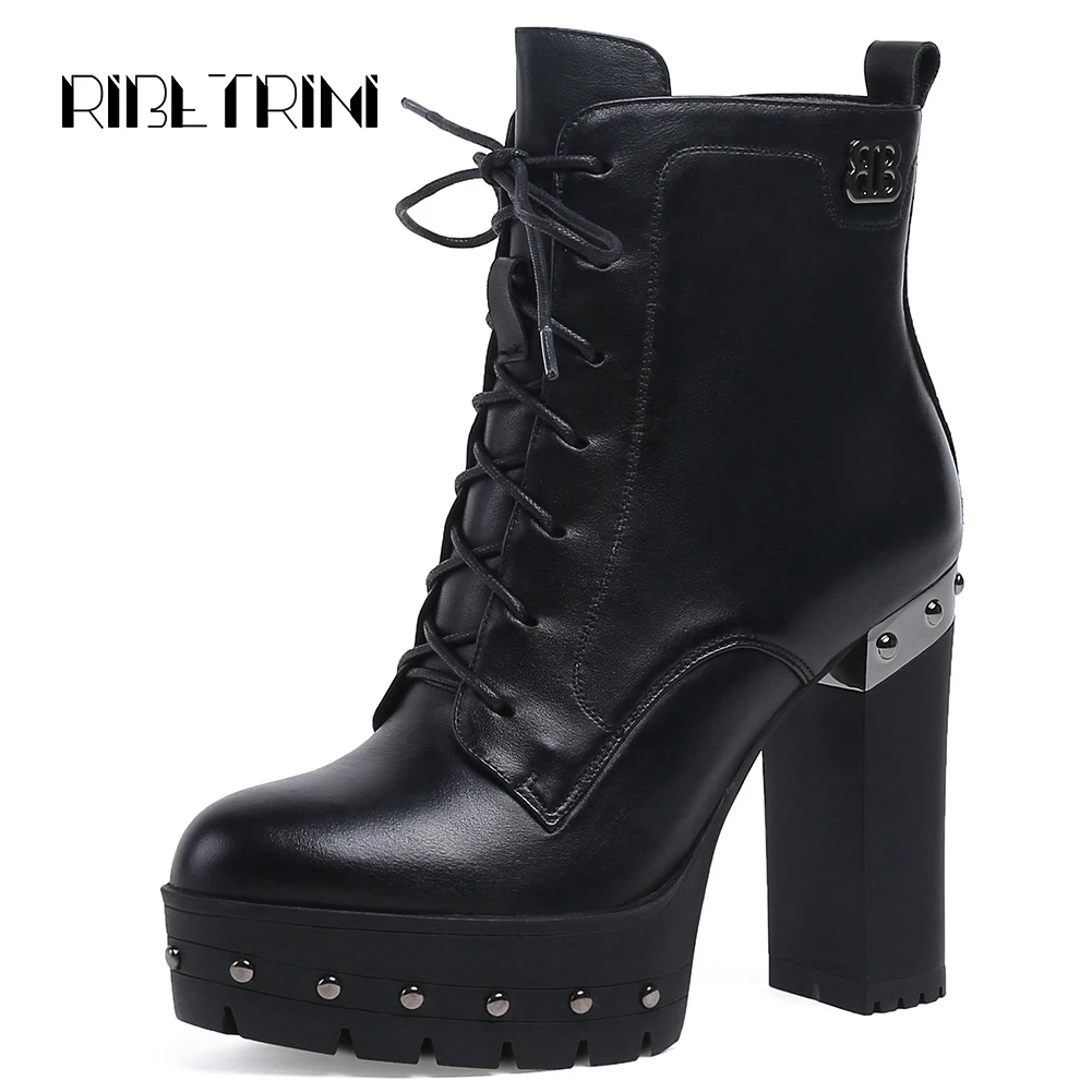 

RIBETRINI Nappa Leather High Top Ankle Boots For Women Square High Heels Rivet Platform Shoes Woman Cowgirl Chelsea Boots