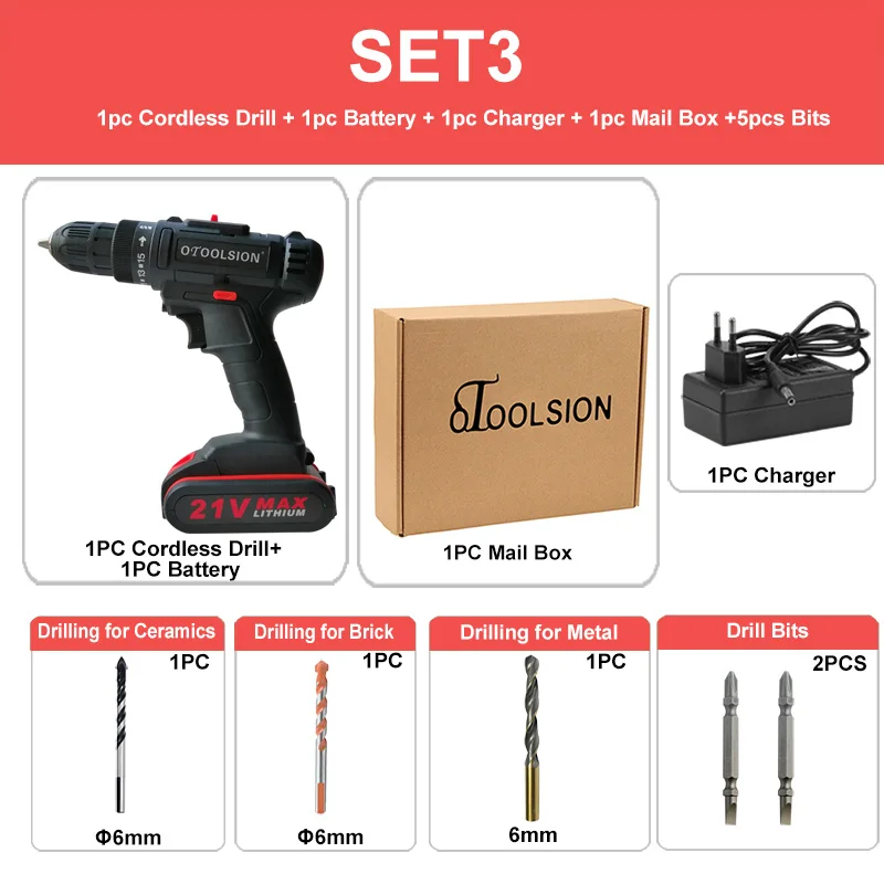 SET3 (1 pc battery) 12V 21V 2Speed Cordless Drill Cordless Screwdrivers Power Tool Set Drill Electric Screwdriver Electric Drill with Free Bits Part - Цвет: SET3 (1 pc battery)