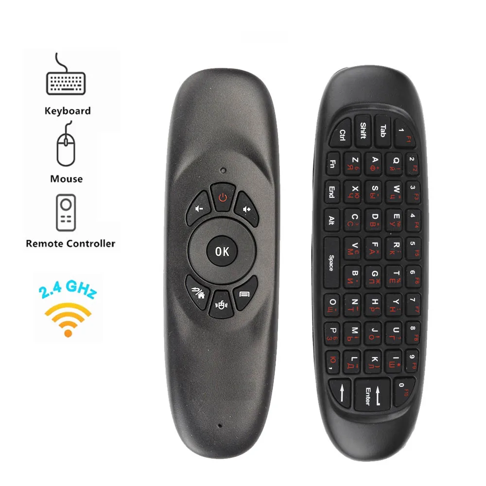 Calvas 6 axes Gyroscope C120 2.4G Air Mouse Rechargeable Wireless Keyboard Remote Control for Android TV Box Computer English Version Color: Black