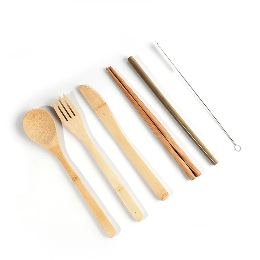 Портативный набор посуды Японские Бамбуковые Столовые приборы Вилка Нож для ложки и палочек дорожная чайная ложка соломенная кухонная посуда Oct1