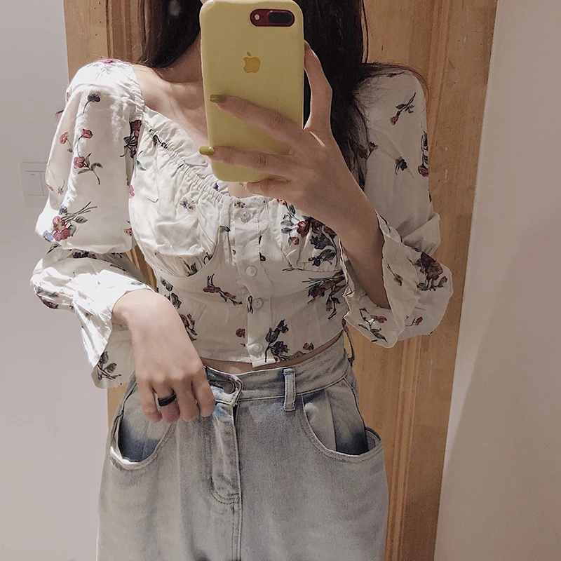 Blusas mujer de moda новая прерия шик весенние женские топы с цветочным принтом с v-образным вырезом укороченный топ с расклешенными рукавами модная женская одежда Корея